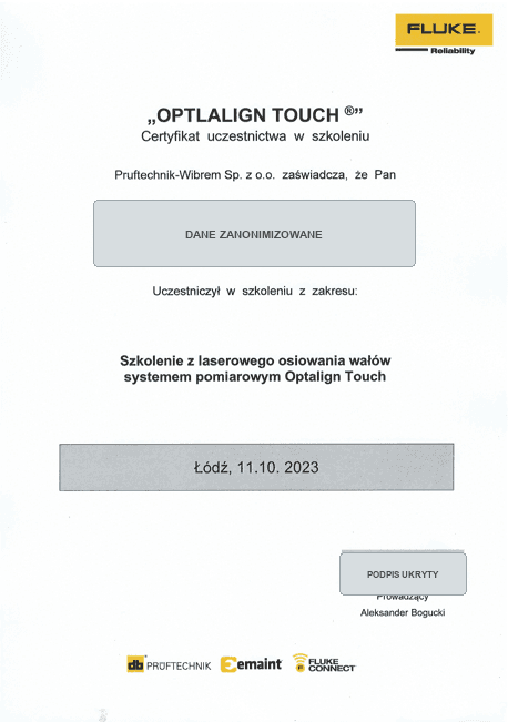 Anonymised OPTALIGN Touch laser shaft alignment training certificate