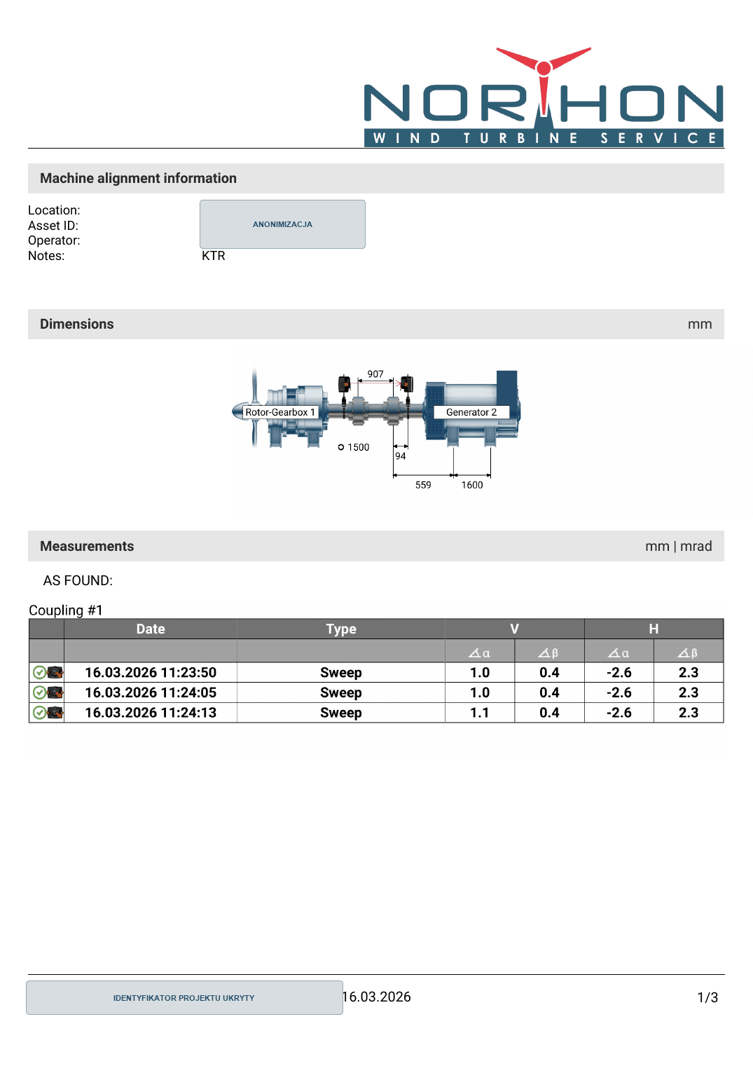 First page of an anonymised laser shaft alignment report
