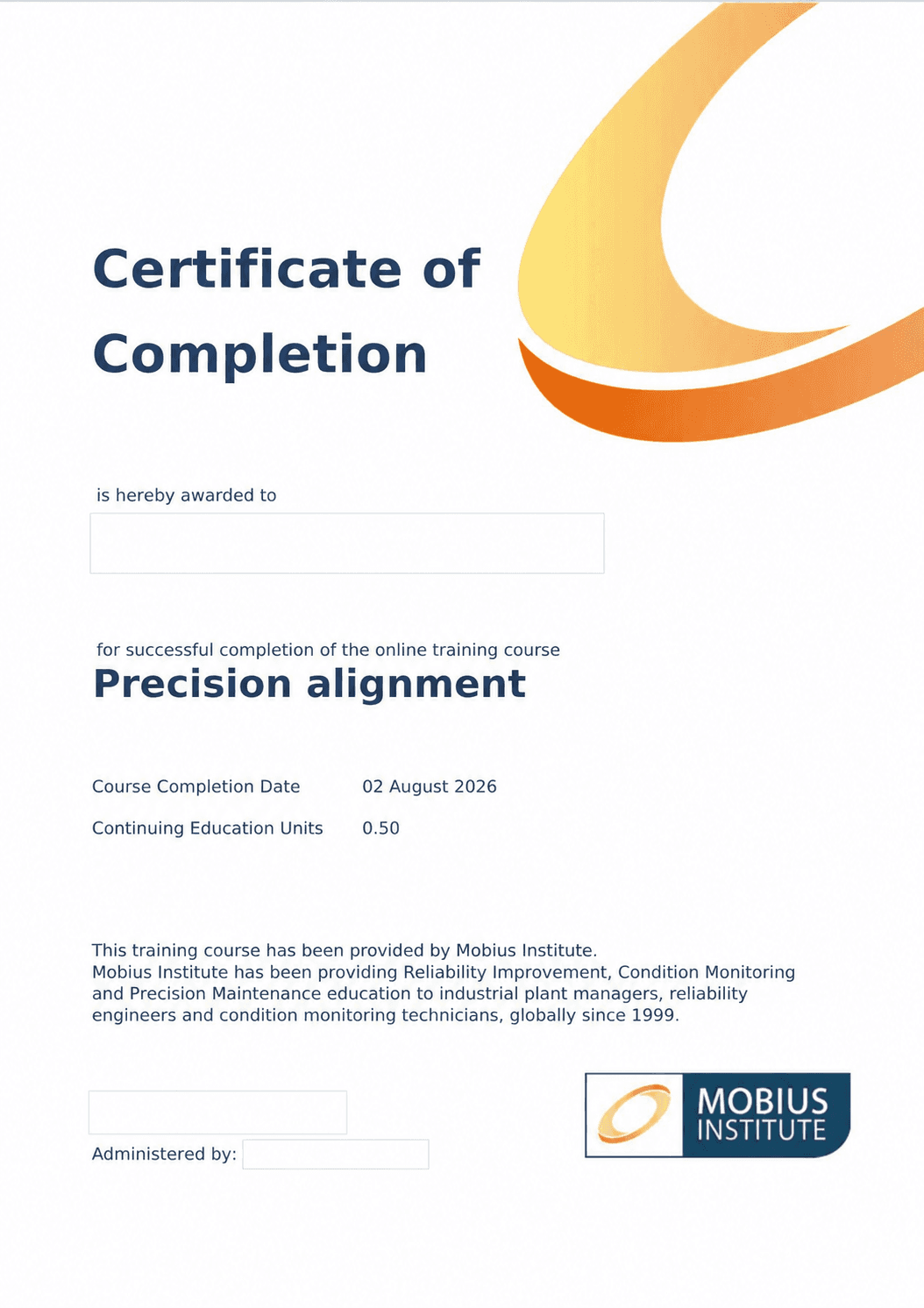 Zanonimizowany certyfikat ukończenia szkolenia Precision Alignment