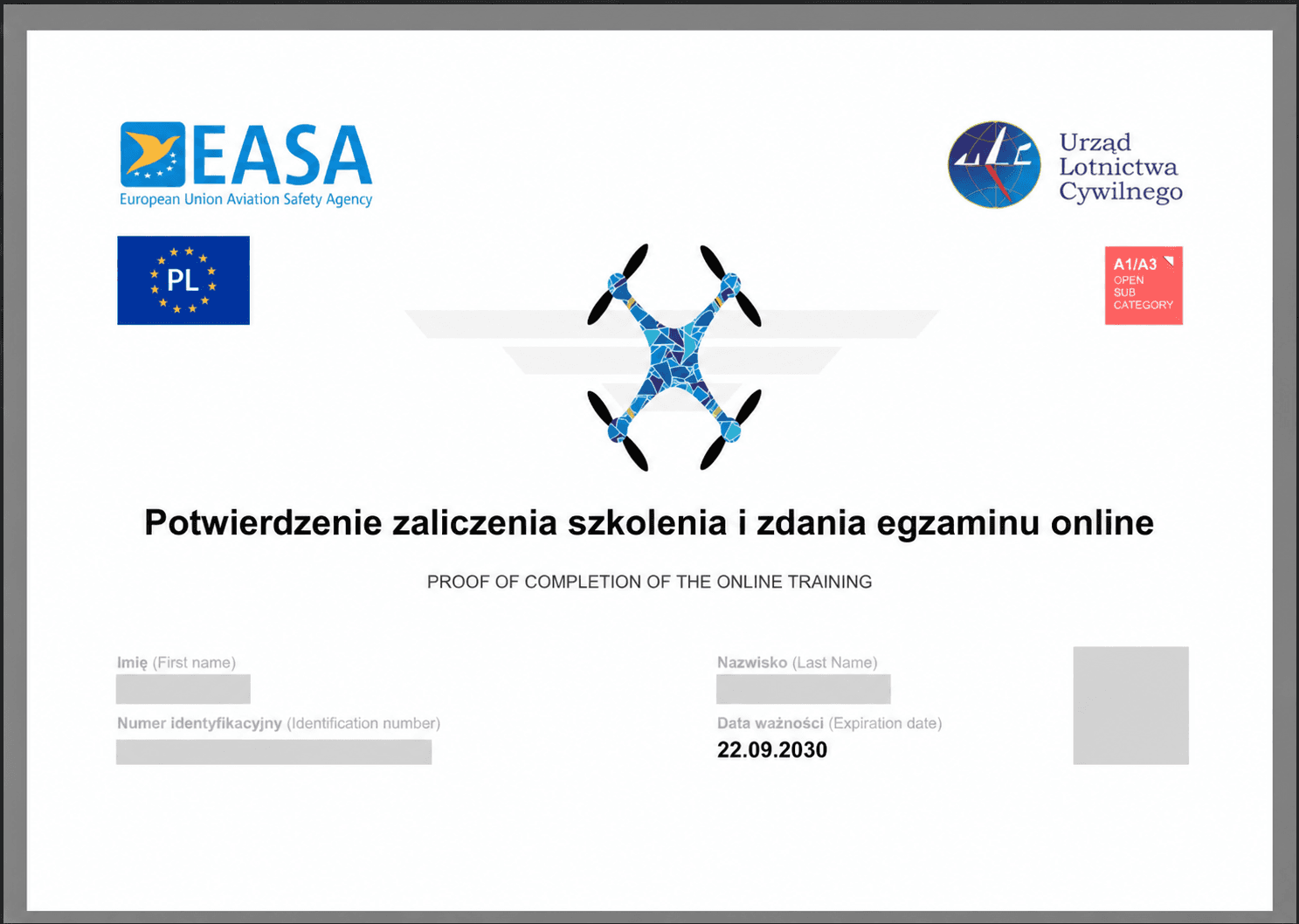 Zanonimizowane potwierdzenie szkolenia i egzaminu operatora drona A1/A3